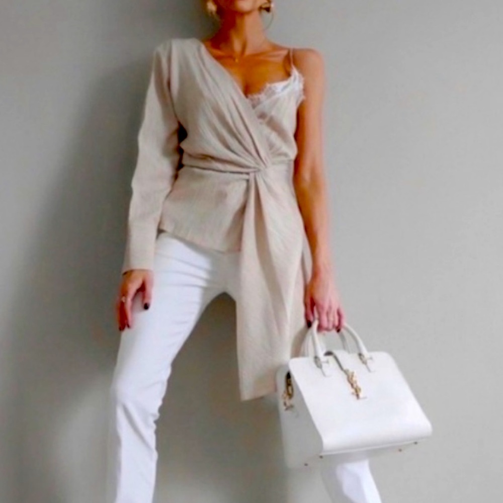 New Zara Beige Tan Asymmetrical Cami V Neck Lace One Shoulder Blouse Top - Picture 2 of 16